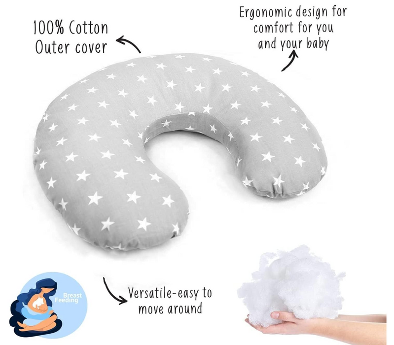 Breast Feeding Pillow Nursing Maternity Pregnancy Baby Cushion and Removable Cotton Cover (Small White Stars with Grey)